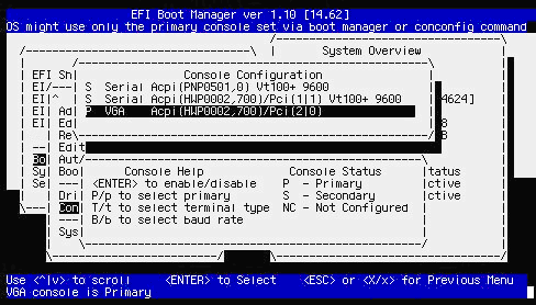 Boot Manager: Configuring the
selected device as the Primary console