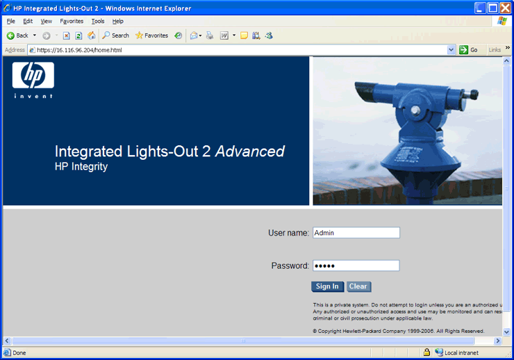 iLO 2 MP Login Screen to Access vMedia